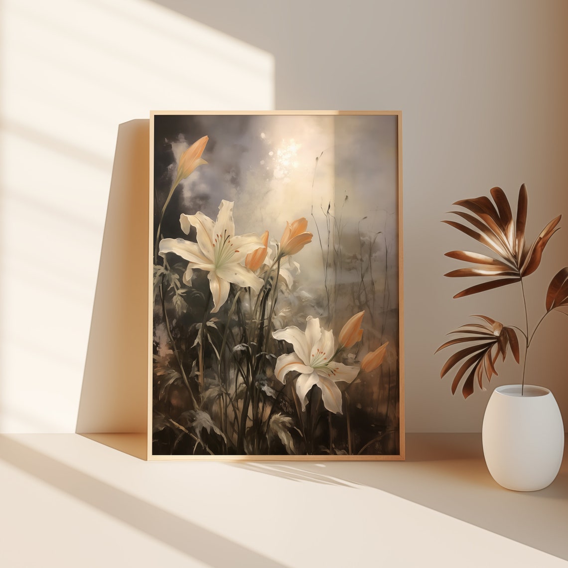 White Lilies with Peach Buds Moody Dark Floral Oil Painting Print - Image 3