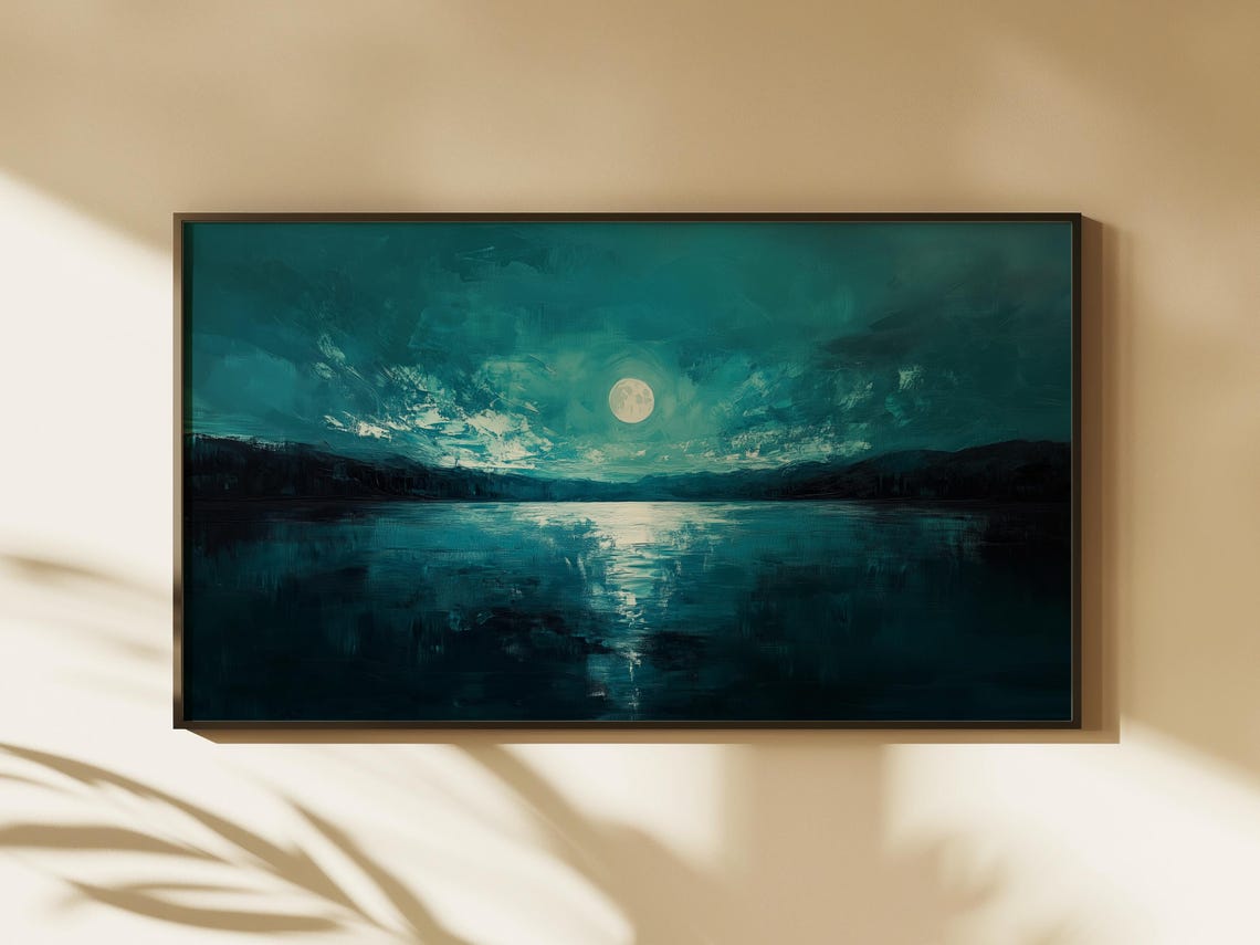 Full Moon Over Teal Ocean Waves Night Seascape Moonlight Poster - Image 3