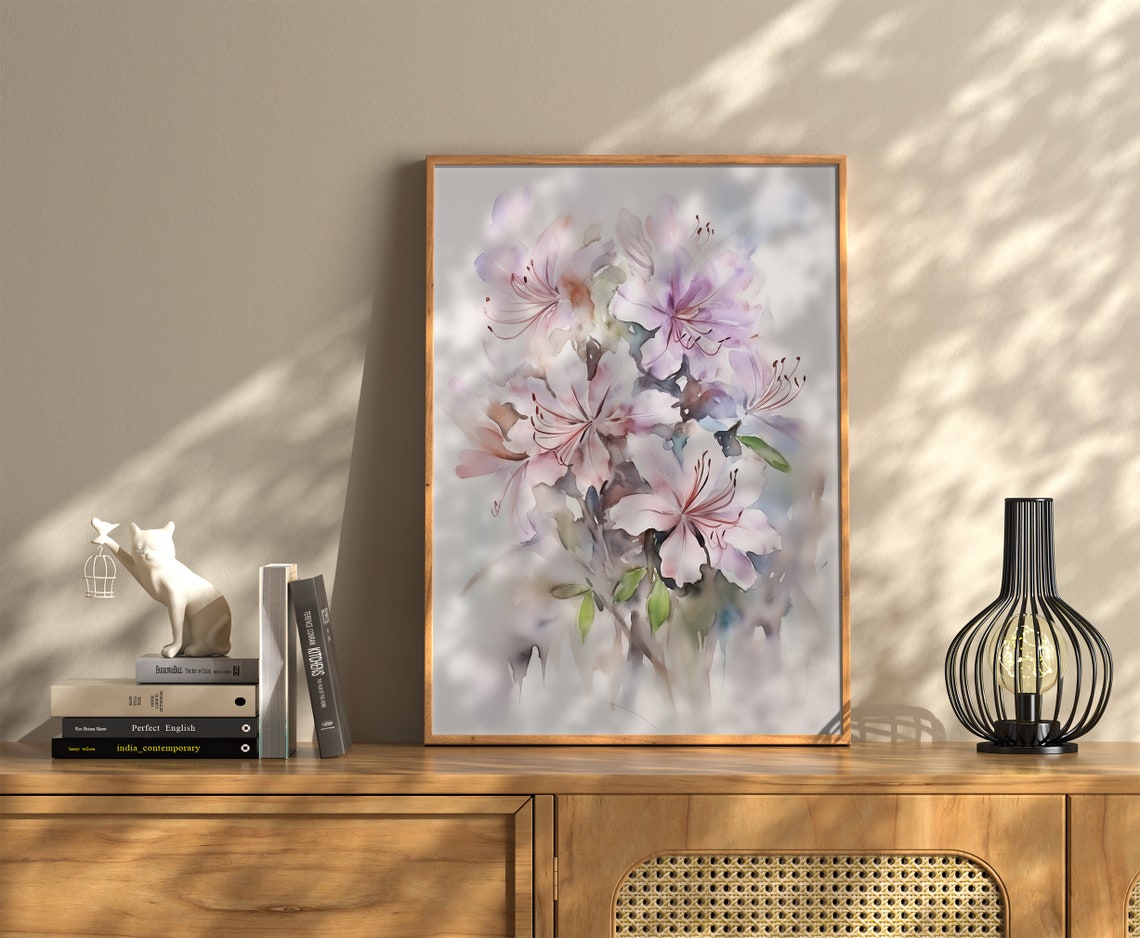 Pink Azalea Blossoms Soft Watercolor Floral Spring Decor Wall Art - Image 3