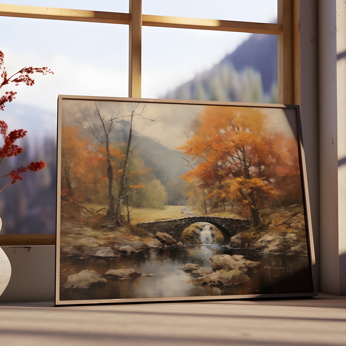 Autumn Stone Bridge Waterfall Pond Serene Fall Forest Poster - Image 3