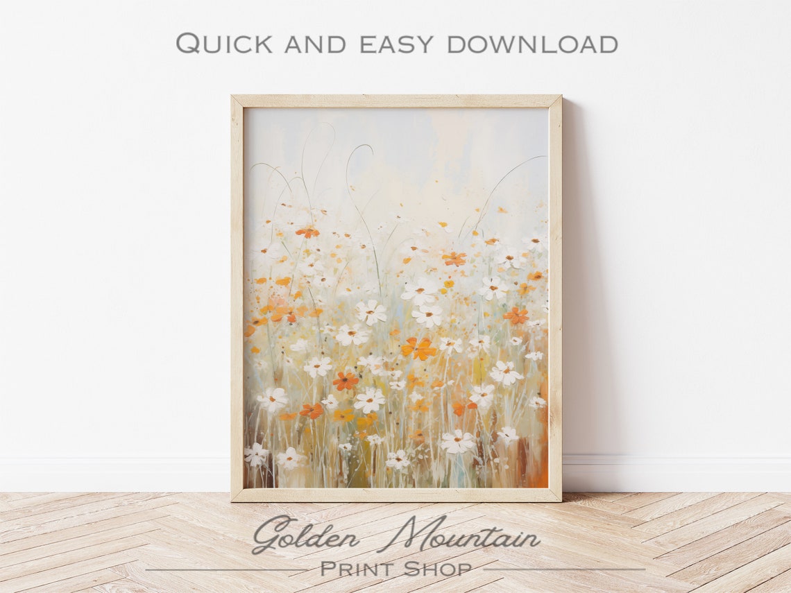 Ethereal White and Orange Wildflowers on Cream Abstract Field Poster - Image 3