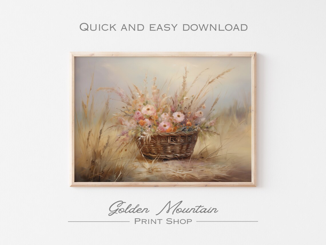 Wildflower Basket in Golden Wheat Field Warm Oil Painting Poster - Image 3