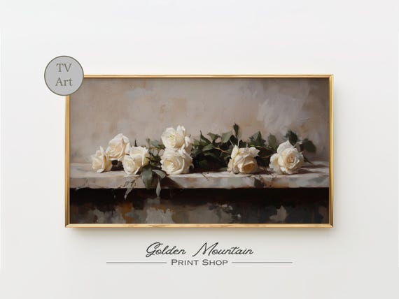 Antique White Valentines Roses Frame Tv Art Moody Dark Academia Print Rustic Tv Art Floral Painting Botanical Print