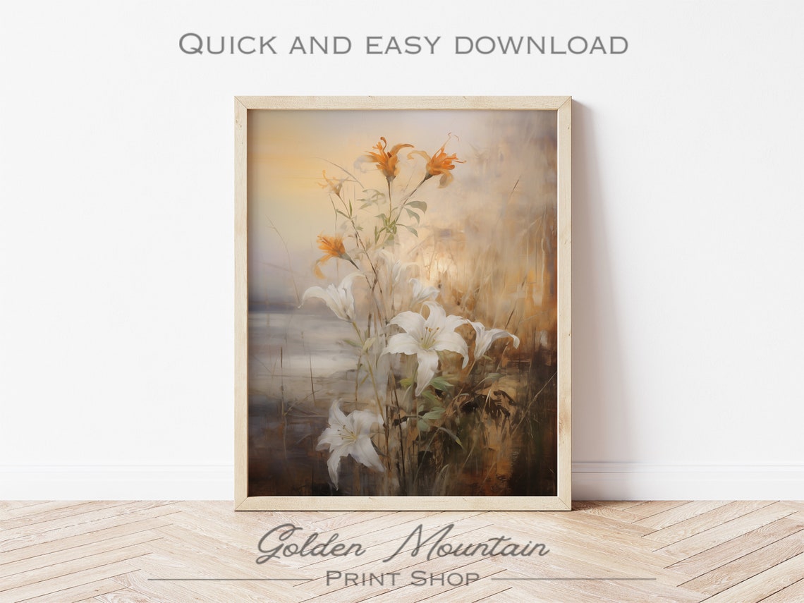 White Lilies Orange Daylilies Misty Meadow Impressionist Wall Art - Image 3