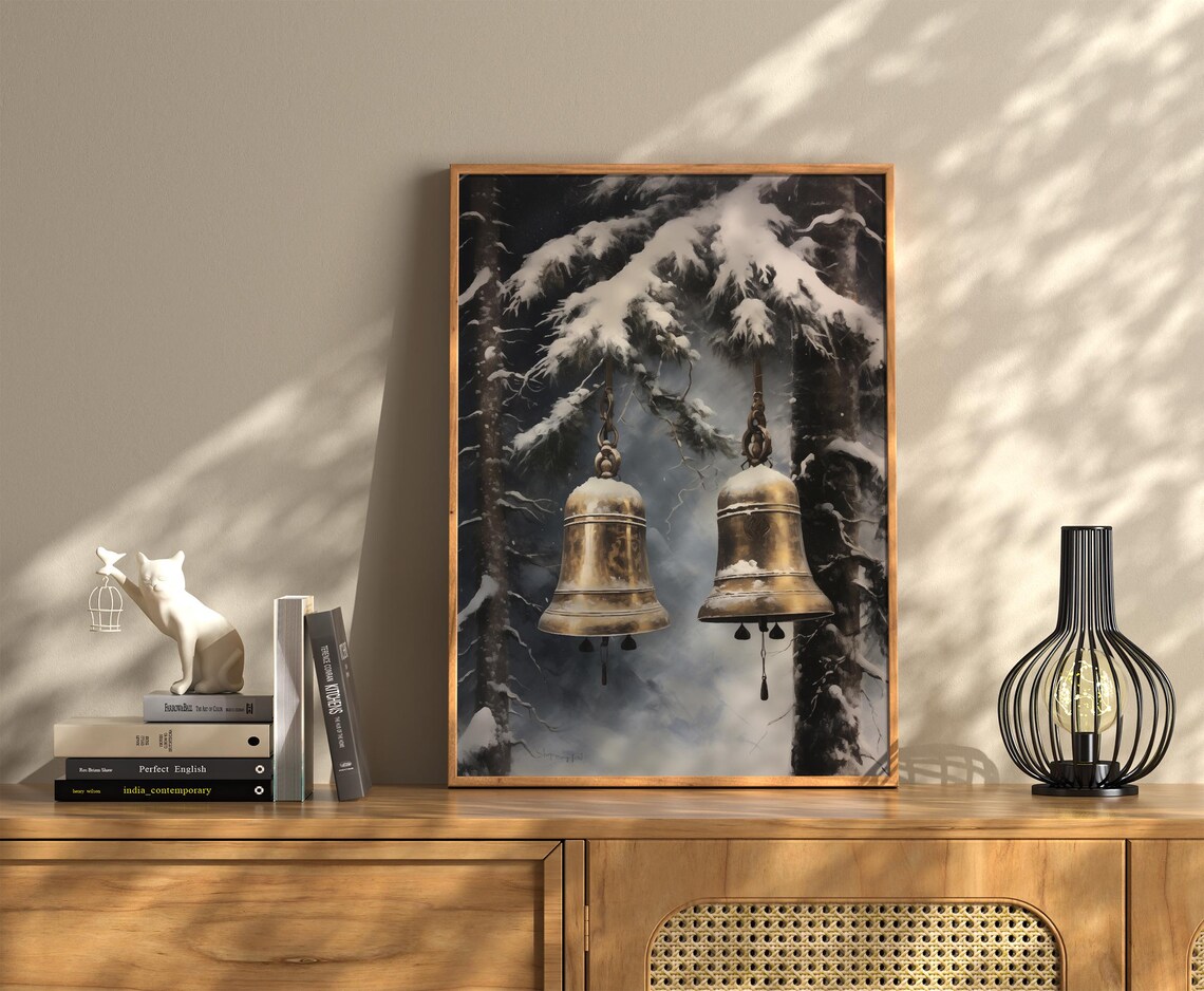 Golden Christmas Bells Snowy Pine Forest Vintage Holiday Poster - Image 2