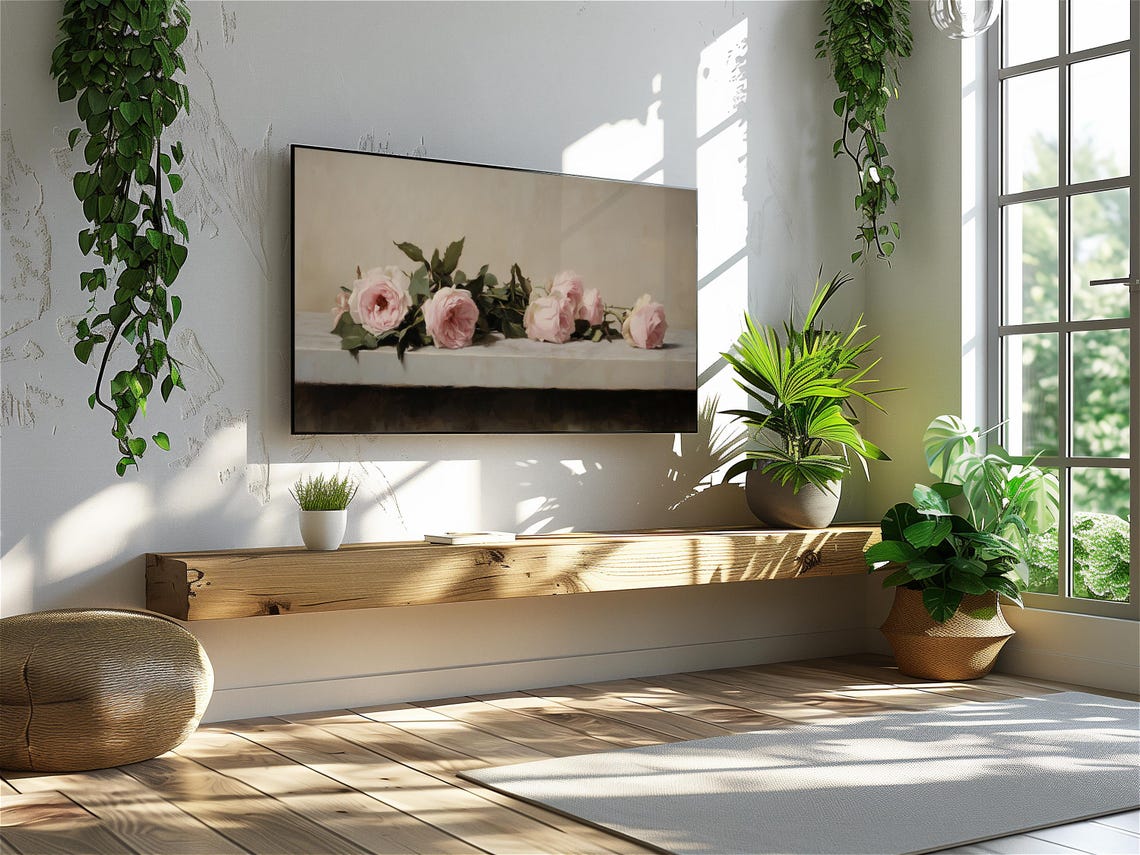 Pink Roses Ledge Cream Background Soft Elegant Floral Art Poster - Image 3