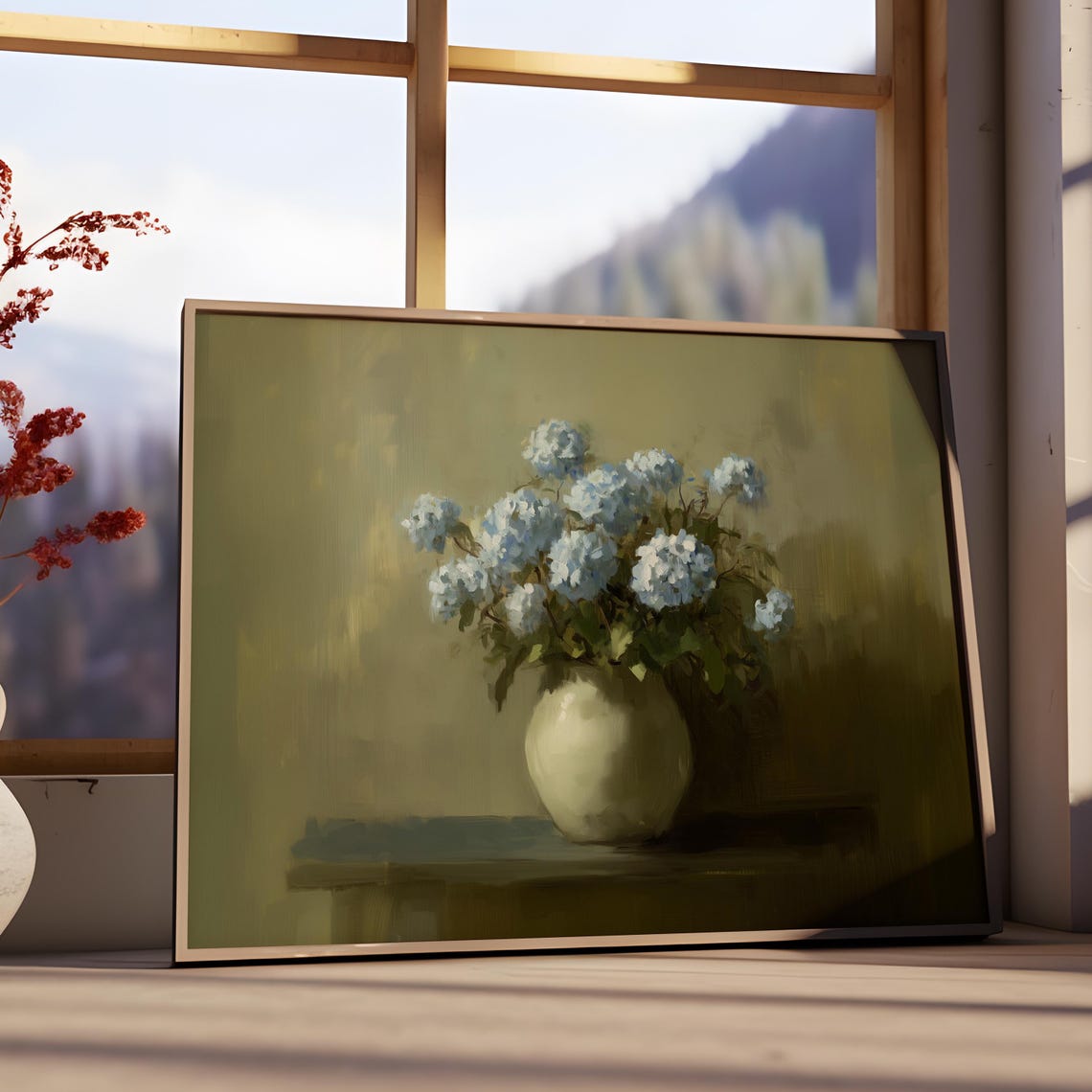 Blue Hydrangea Bouquet White Vase Vintage Oil Painting Art Print - Image 3