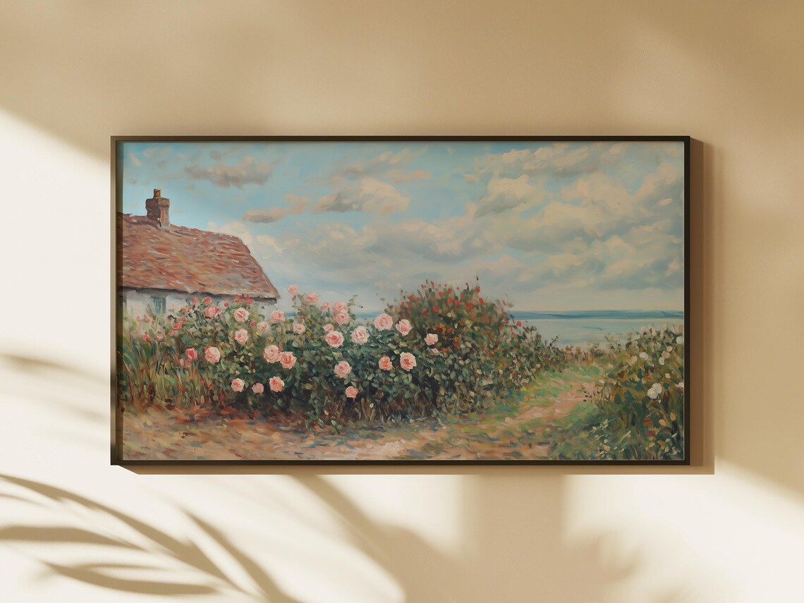 Coastal Cottage Pink Rose Garden Seaside Vintage Frame TV Art Print - Image 2