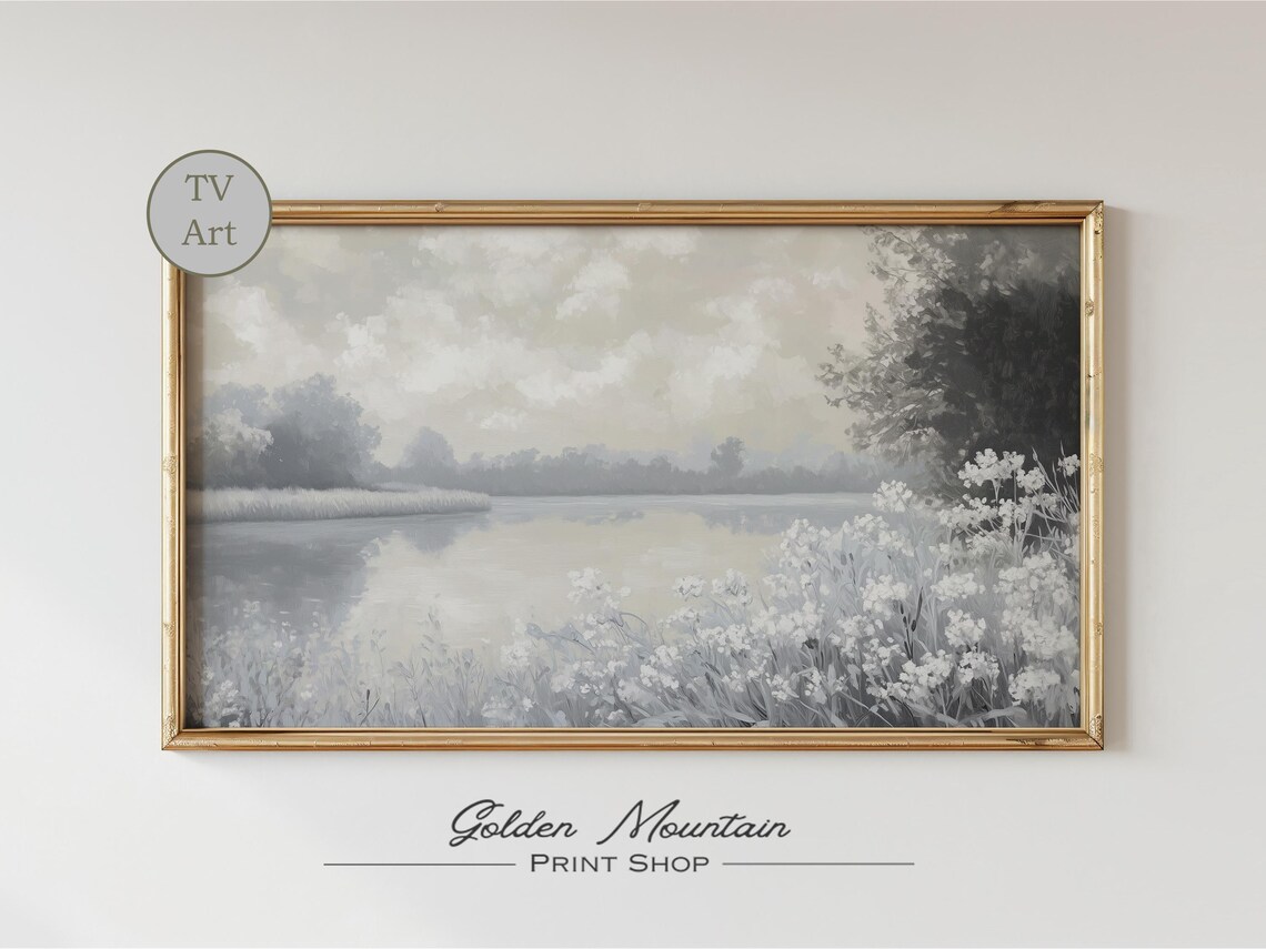 White Wildflowers Misty Lake Neutral Farmhouse Landscape Poster - Image 2