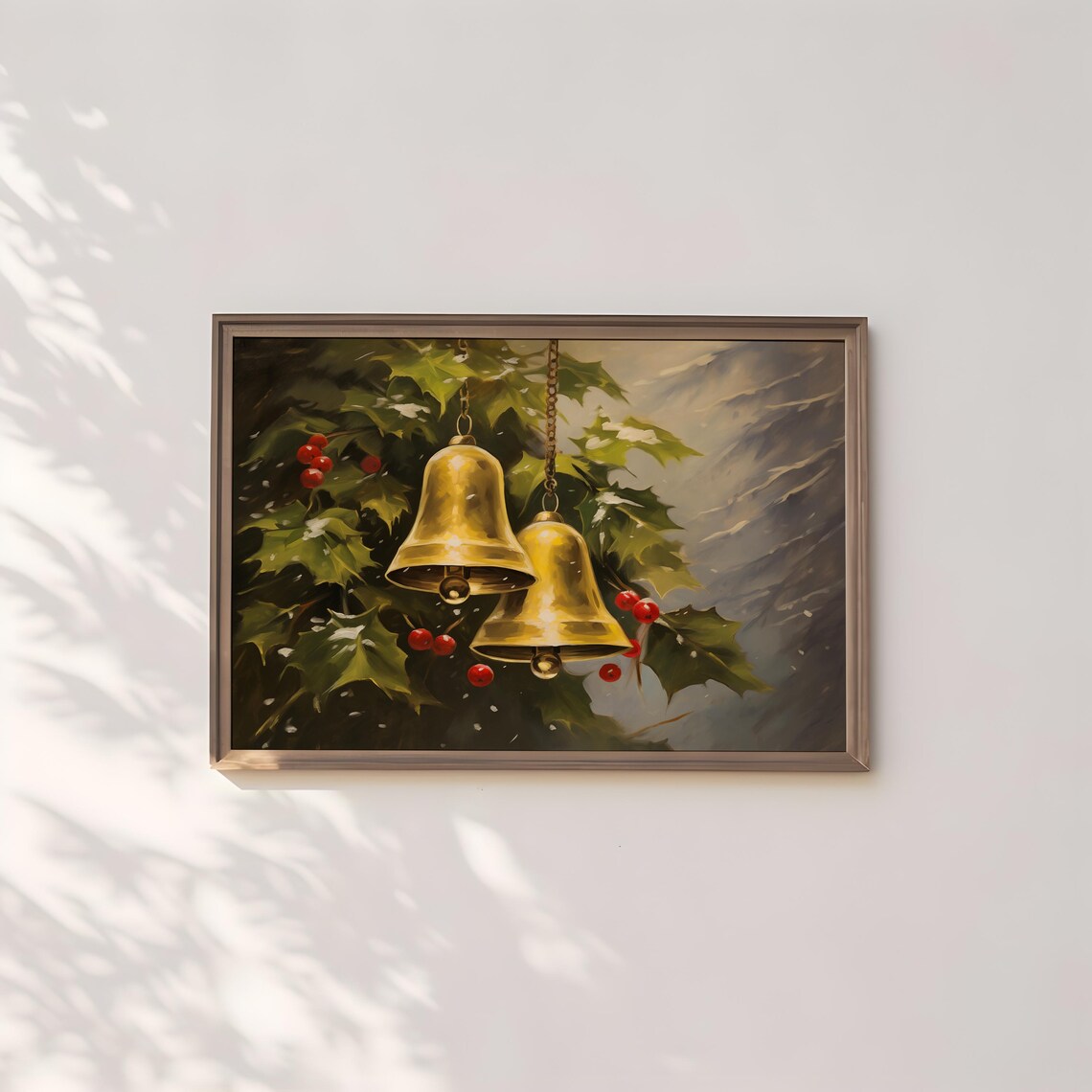 Golden Christmas Bells With Holly And Red Berries Winter Poster - Image 2