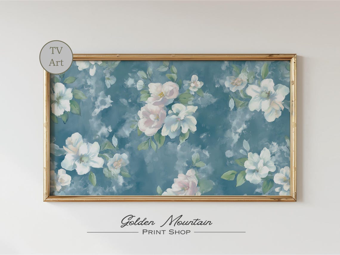 White and Pink Blossoms on Teal Blue Textured Floral Art Poster - Image 2
