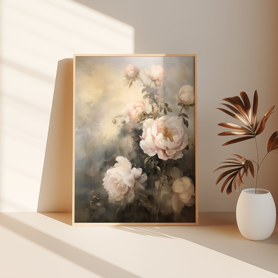 Soft Pink Peony Oil Painting Vintage Floral Neutral Wall Art - Image 3