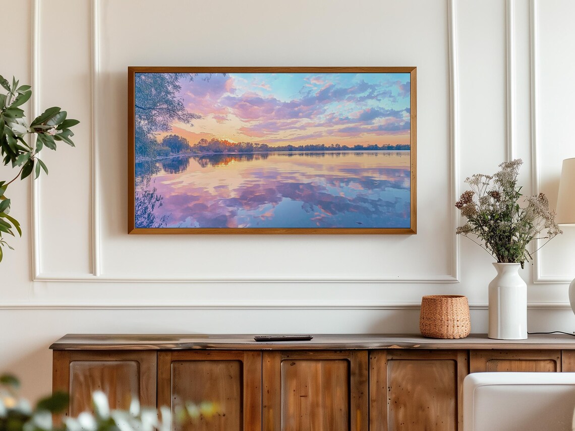 Pastel Sunset Over Calm Lake Mirror Reflection Horizon Landscape Poster - Image 3