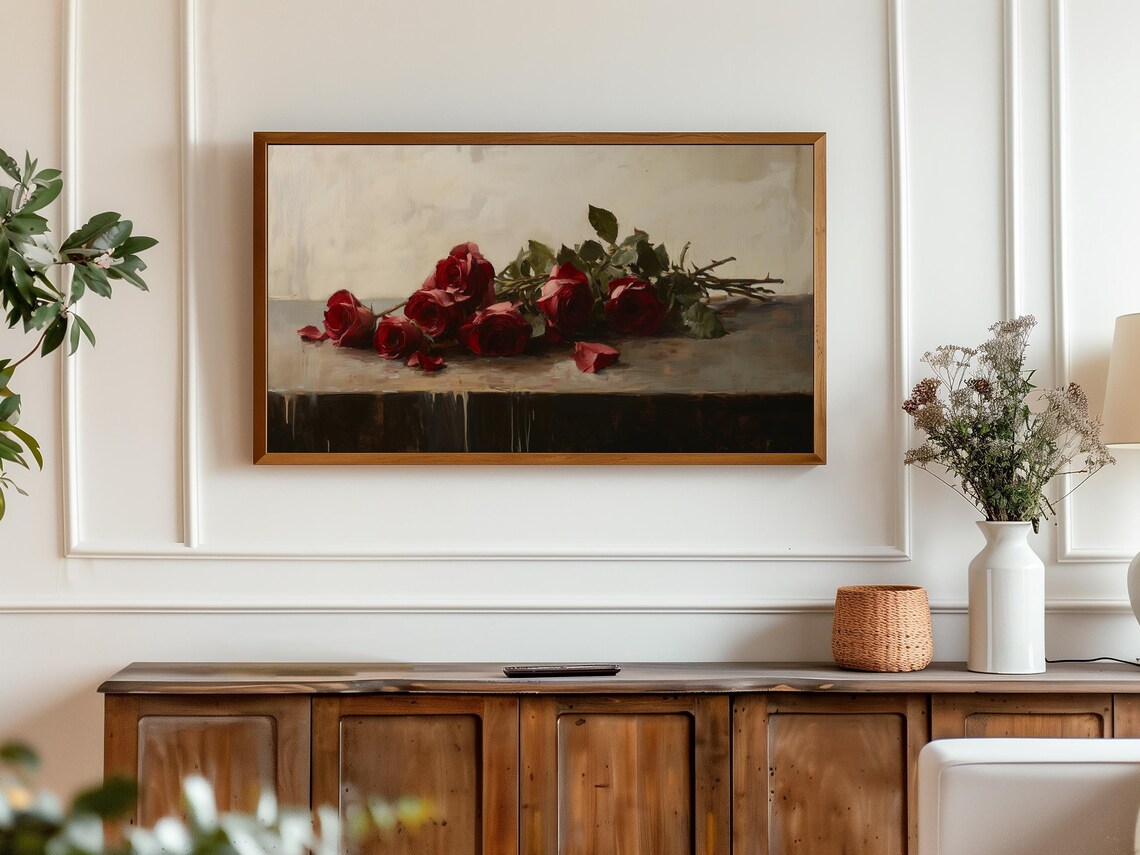 Moody Red Roses Still Life Dark Academia Vintage Oil Painting Print - Image 3