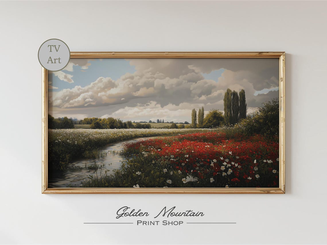 Red Poppy Wildflower Field River Dramatic Clouds Country Poster - Image 2