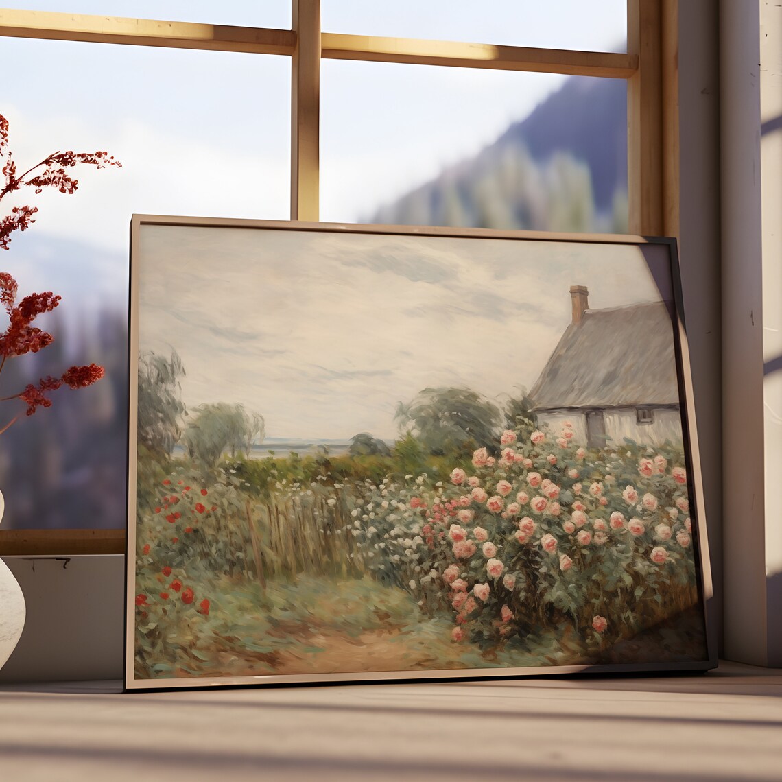 Cottage Rose Garden Thatched House English Summer Day Wall Art - Image 2
