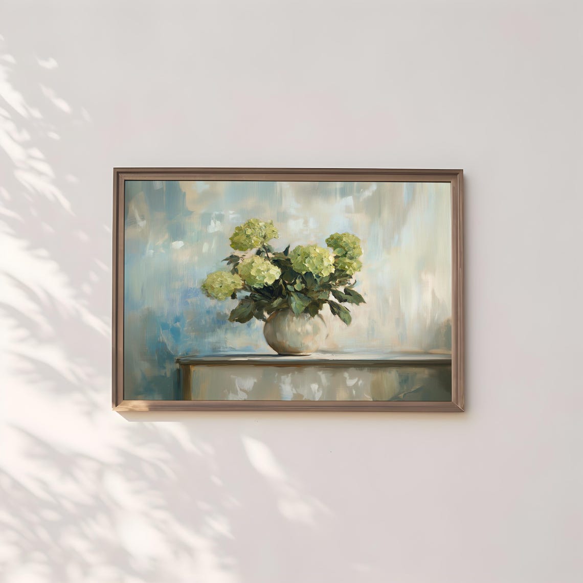 Lime Green Hydrangeas Pale Vase Soft Blue Floral Painting Print - Image 2