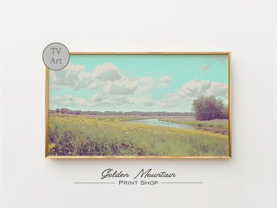 Yellow Wildflower Meadow Winding River Turquoise Sky Summer Poster