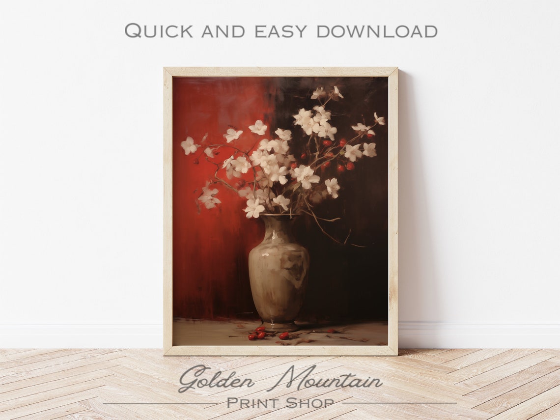 White Blossoms and Red Berries in Vase on Bold Red Background Poster - Image 2