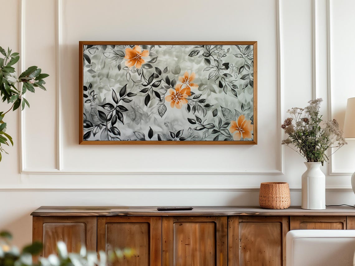 Orange Blossom Floral Black Leaf Chinoiserie Frame TV Art Print - Image 3