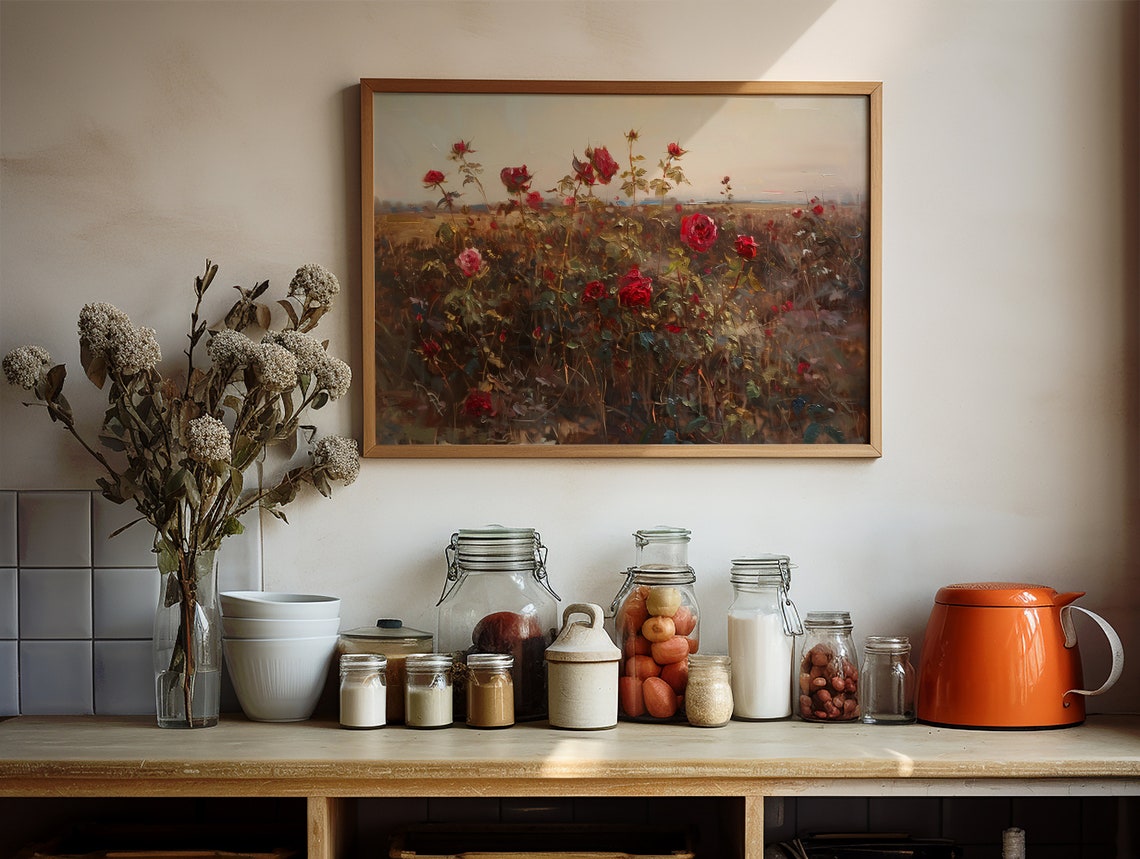 Wild Red Roses Field Moody Dark Country Landscape Decor Wall Art - Image 2