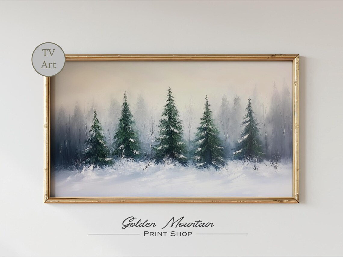 Row of Snowy Pine Trees Misty Winter Forest Landscape TV Wall Art - Image 2