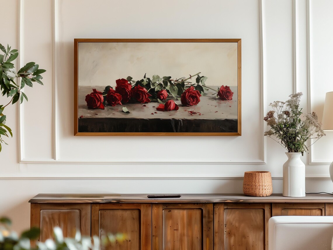Red Roses Dark Table Elegant Floral Still Life Painting Poster - Image 3