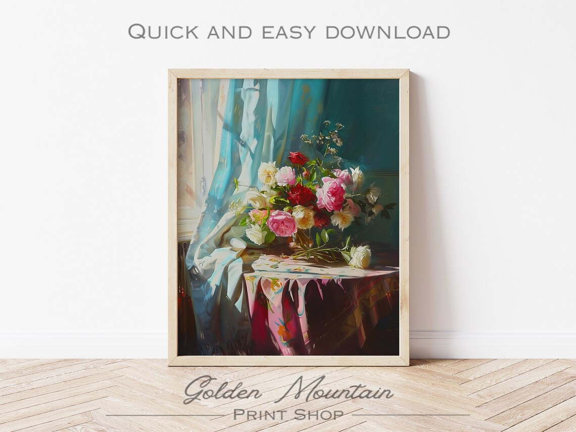 Lush Roses by Sunlit Window Classic Still Life Oil Painting Poster - Image 2