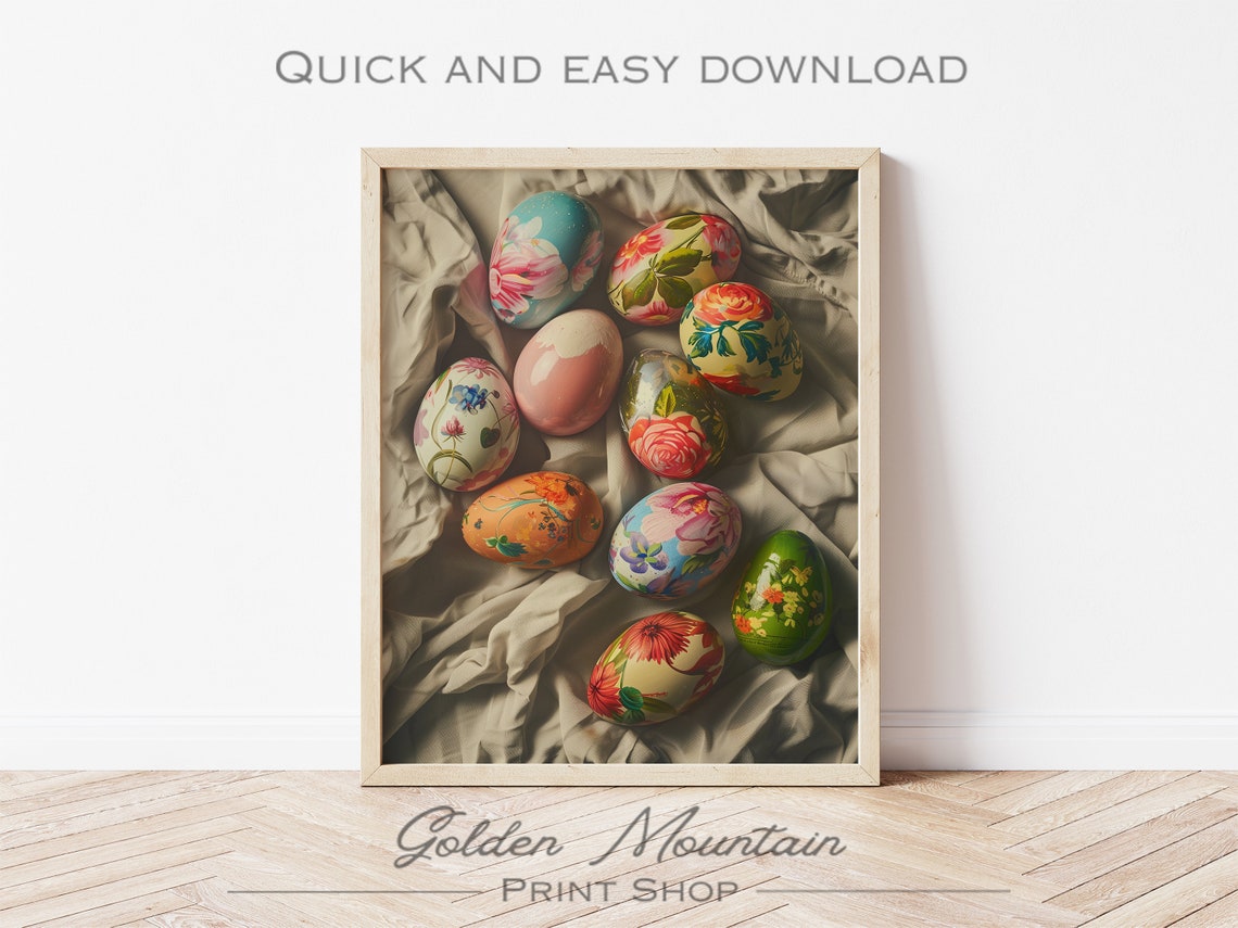 Floral Painted Easter Eggs on Silk Cloth Spring Holiday Still Print - Image 2