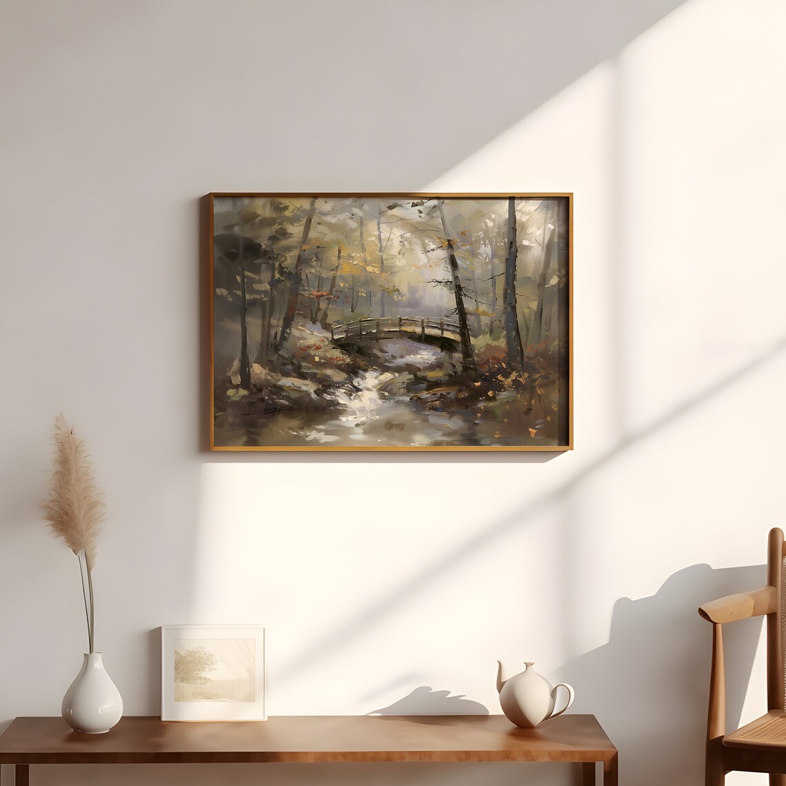 Moody Forest Stream Wooden Footbridge Autumn Woodland Oil Poster - Image 3