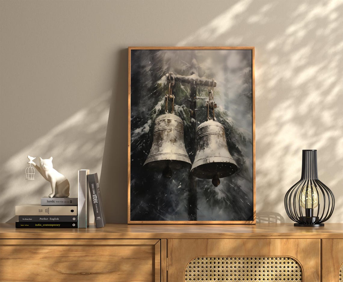 Antique Metal Bells Snowy Beam Dark Winter Forest Vintage Poster - Image 3