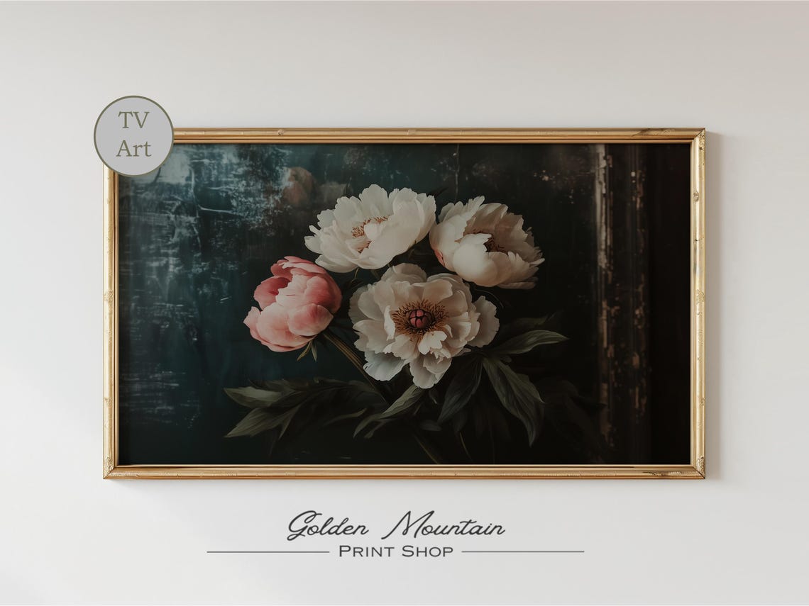 White Pink Peony Bouquet On Dark Teal Moody Vintage Floral Poster - Image 2