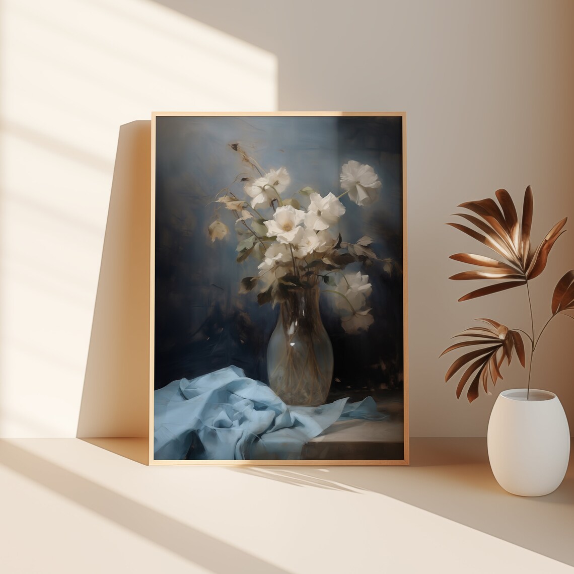 White Wildflowers in Glass Vase with Blue Cloth Dark Moody Art Poster - Image 2