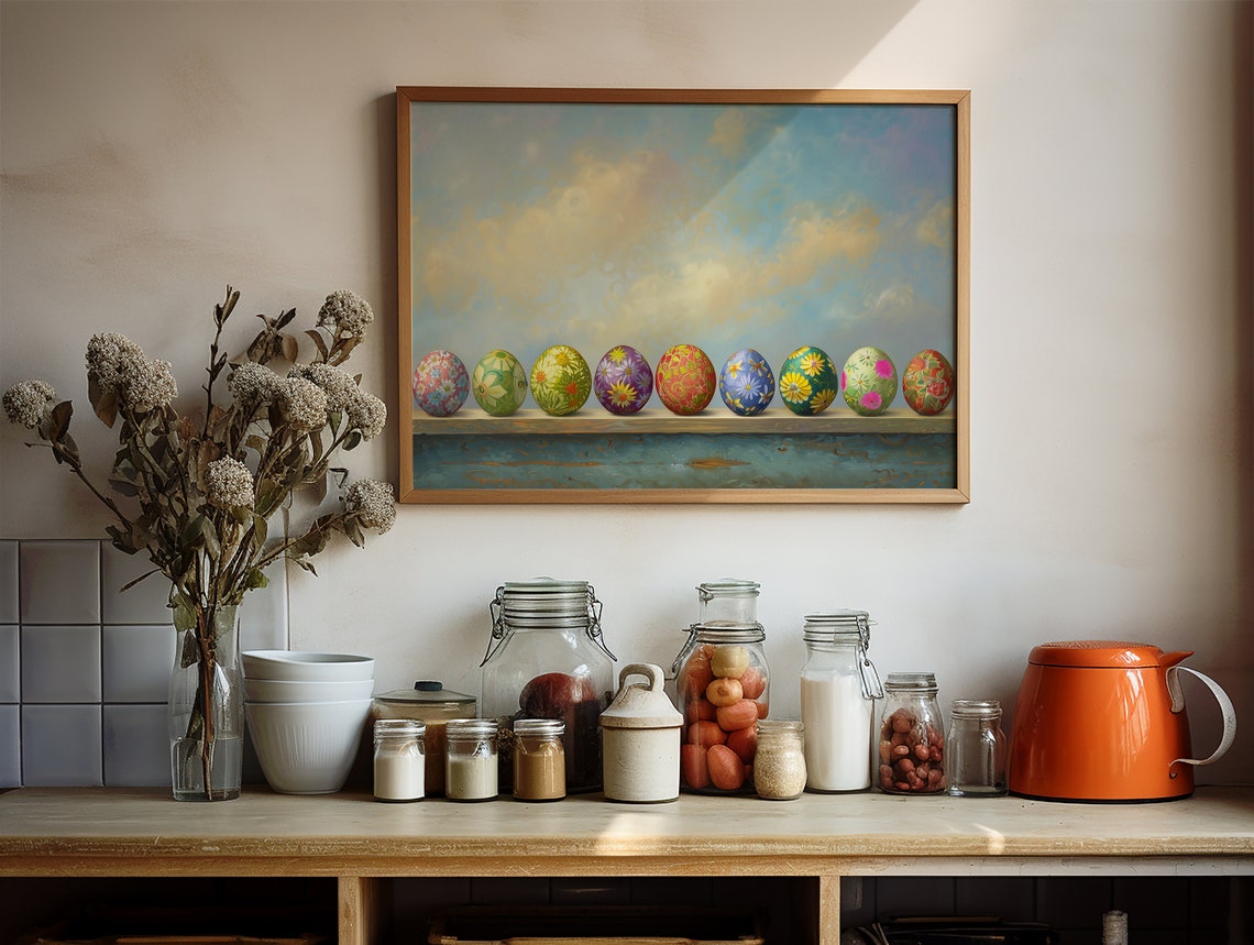 Nine Colorful Painted Easter Eggs Row Blue Sky Spring Poster - Image 2
