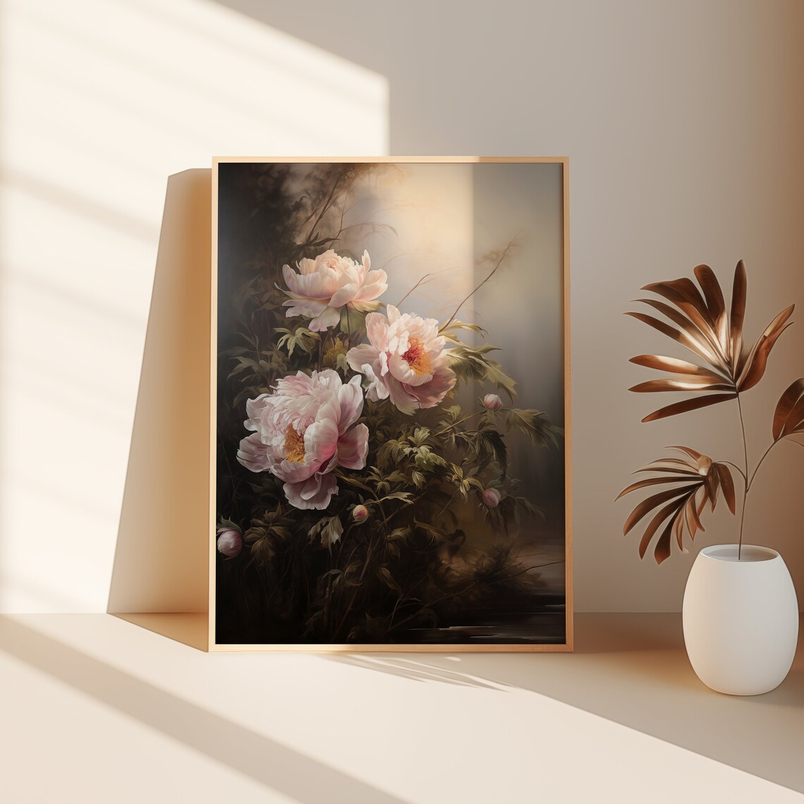 Pink Peonies Moody Misty Light Antique Floral Oil Painting Wall Art - Image 3
