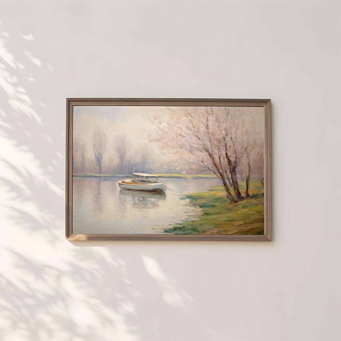 Boat Print Lake Landscape Wall Art Oil Painting Print Vintage Painting Neutral Seascape Wall Art Calm Water Print - Image 2