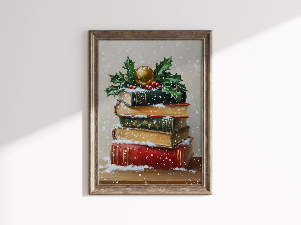 Snowy Christmas Books Gold Ornament Holly Berry Still Life Poster - Image 3