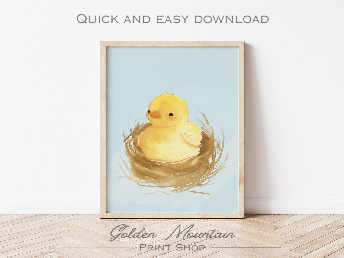 Yellow Duckling Nest Watercolor Baby Nursery Blue Decor Wall Art - Image 3