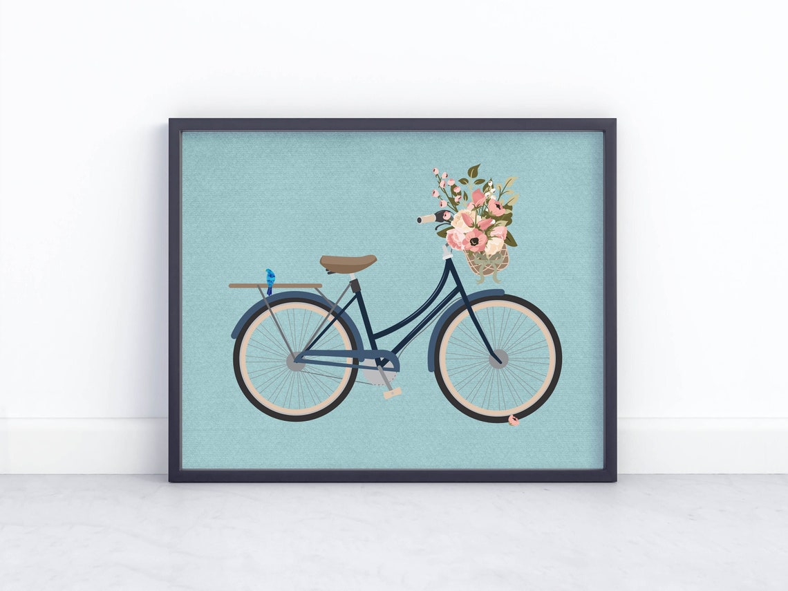 Navy Bicycle Flower Basket Teal Background Illustration Poster