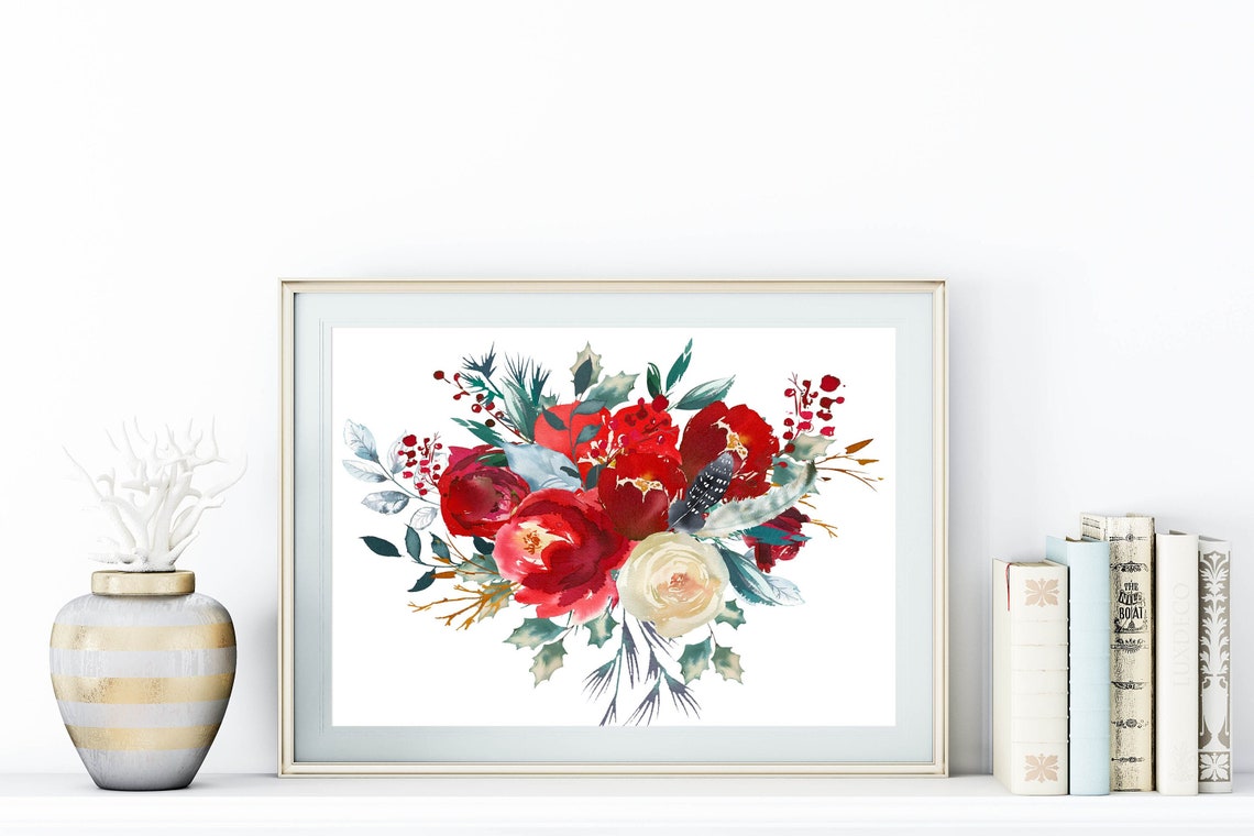 Winter Red Roses and White Bloom Floral Bouquet Holiday Wall Art - Image 3