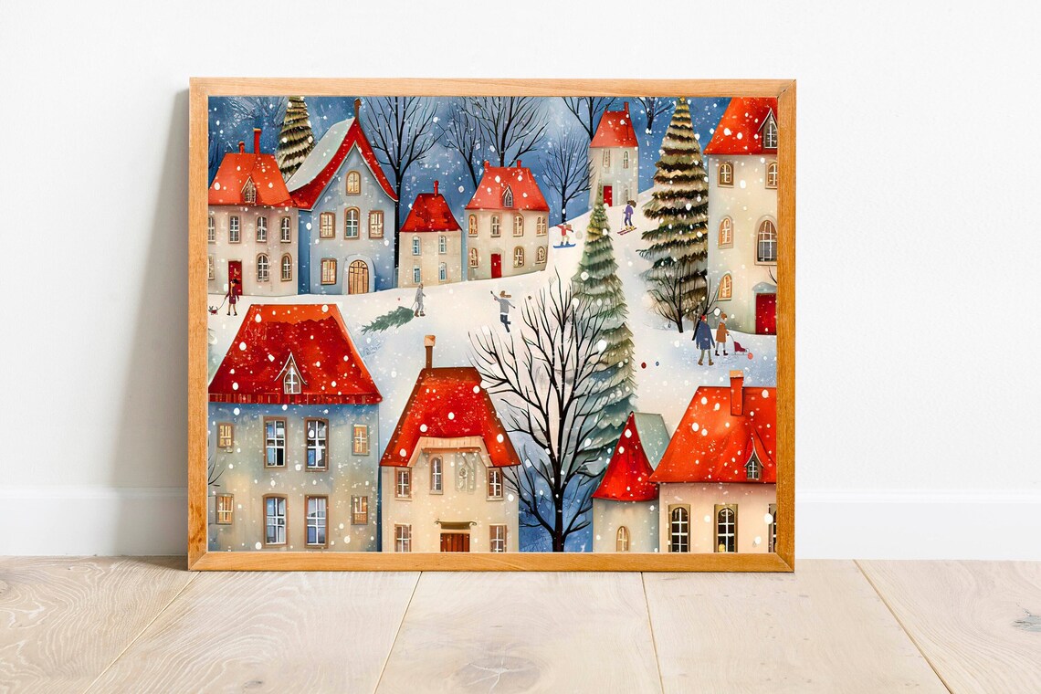 Snowy Christmas Village Red Roof Houses Winter Landscape Poster