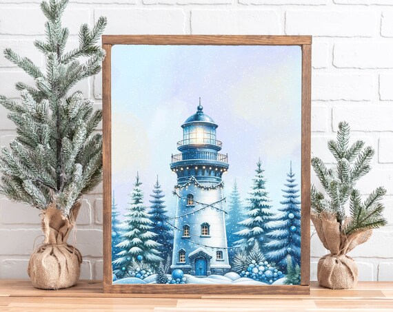 Winter Lighthouse String Lights Snowy Evergreen Nautical Christmas Poster