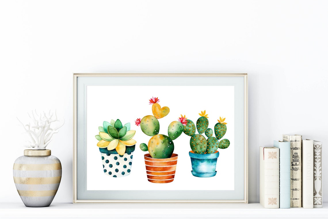 Three Potted Cacti Watercolor Patterned Pots Succulent Plant Poster