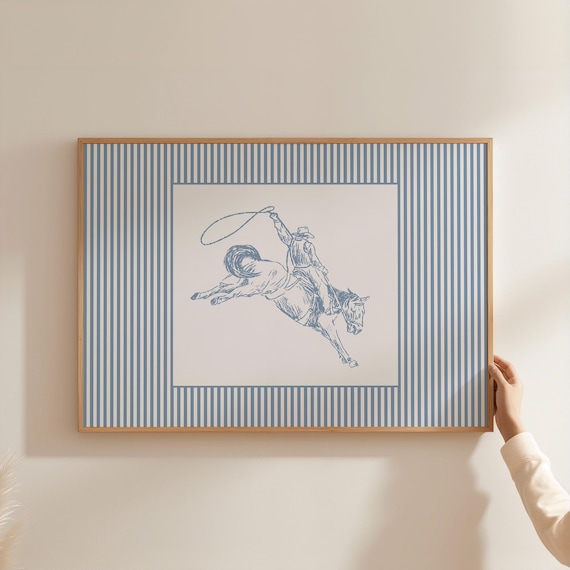 Printed Cowboy Sketch Print Trendy Striped Western Wall Art Blue Nursery Vintage Horse