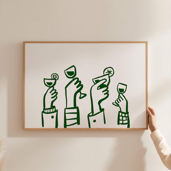 Cheers Hands Raising Cocktail Glasses Green Line Art Bar Poster