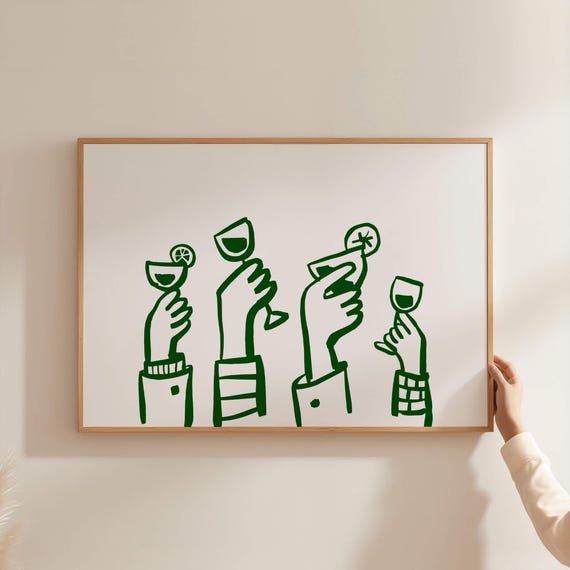 Green Bar Cart Cheers Print Trendy Horizontal Kitchen Wall Art Alcohol Drinks