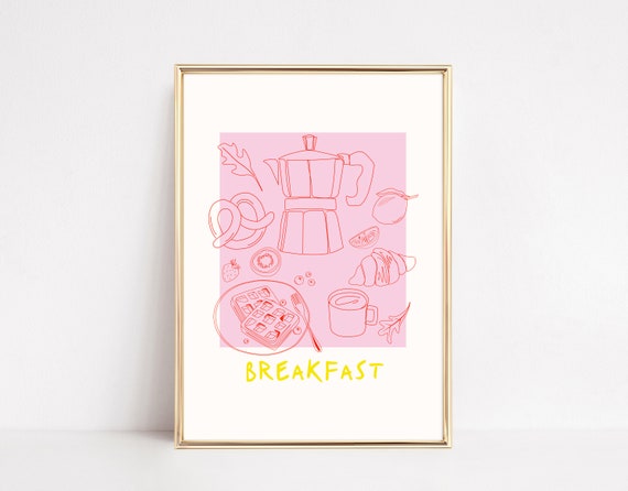 Breakfast Coffee Print Italian Kitchen Retro Pink Decor Lover Minimalist Yellow
