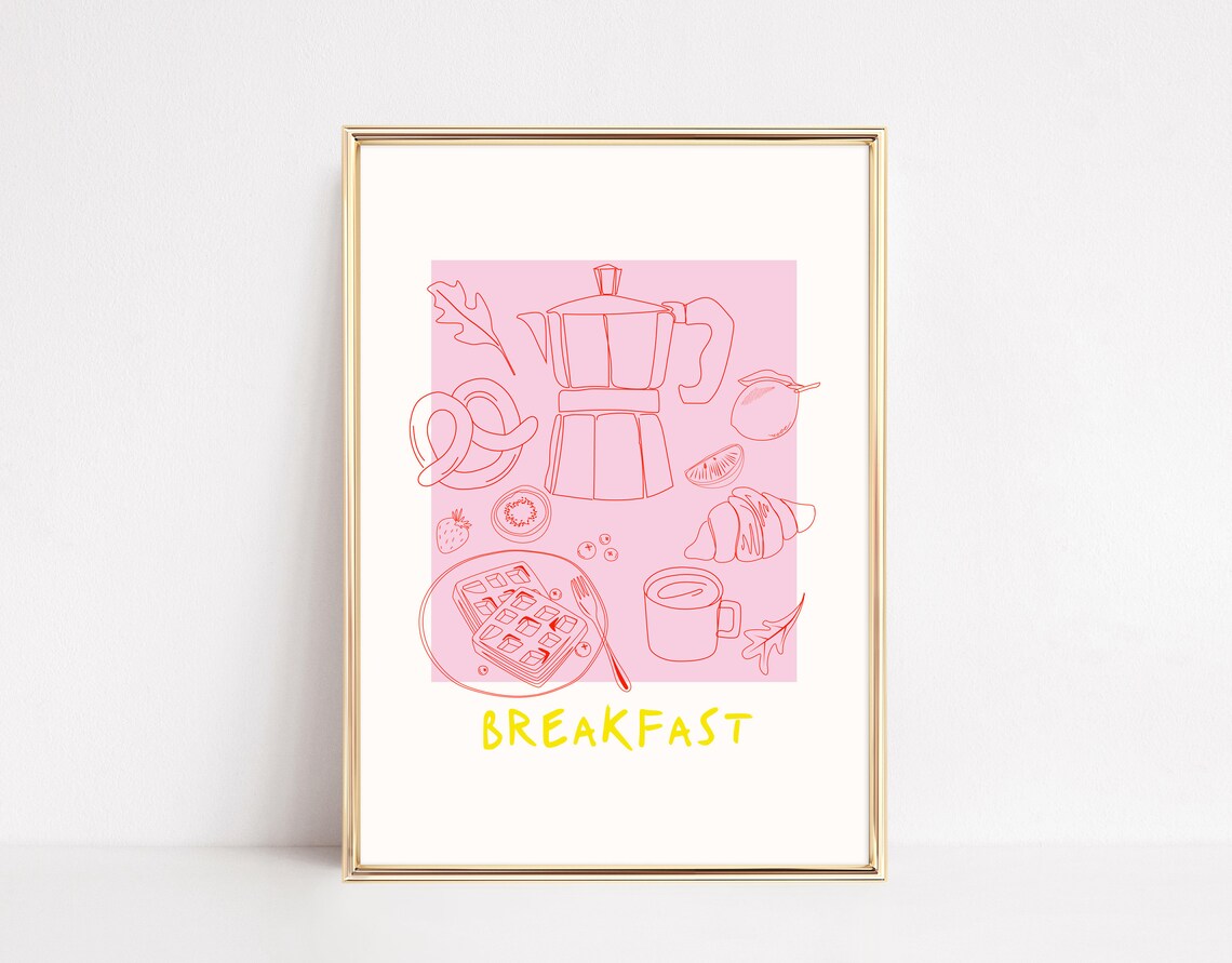Pink Line Art Breakfast Moka Pot Waffles Croissant Minimalist Kitchen Poster