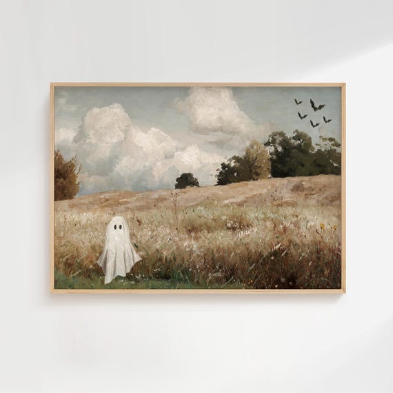 Ghosts In Painting Print Vintage Landscape Poster Halloween Farmhouse Decor Trendy