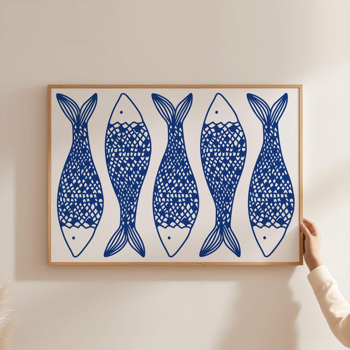 Navy Blue Sardines Folk Art Seafood Horizontal Kitchen Print